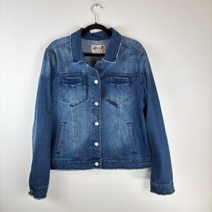 Seven 7 Womens Size Large Jean Jacket Blue Denim Snap Buttons Pockets Trucker